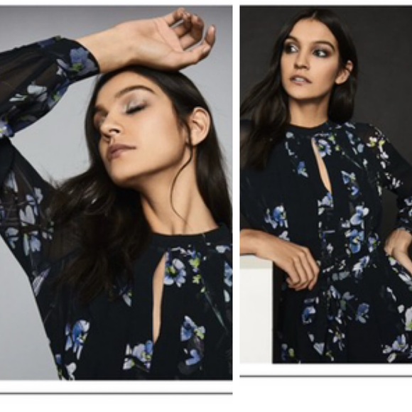 REISS Robbie Floral Printed Blouse Semi Sheer Pleated Keyhole Peplum Tie Flowy - Picture 9 of 16